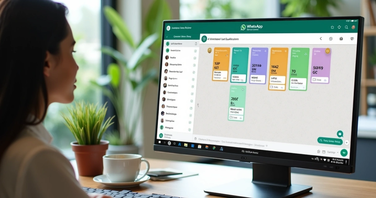 Fluxo de qualificação de leads B2B no WhatsApp em tela de computador 