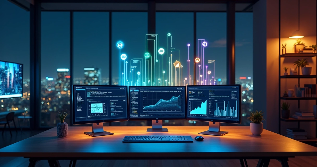 Telas digitais exibindo múltiplas fontes de receita em agência moderna 