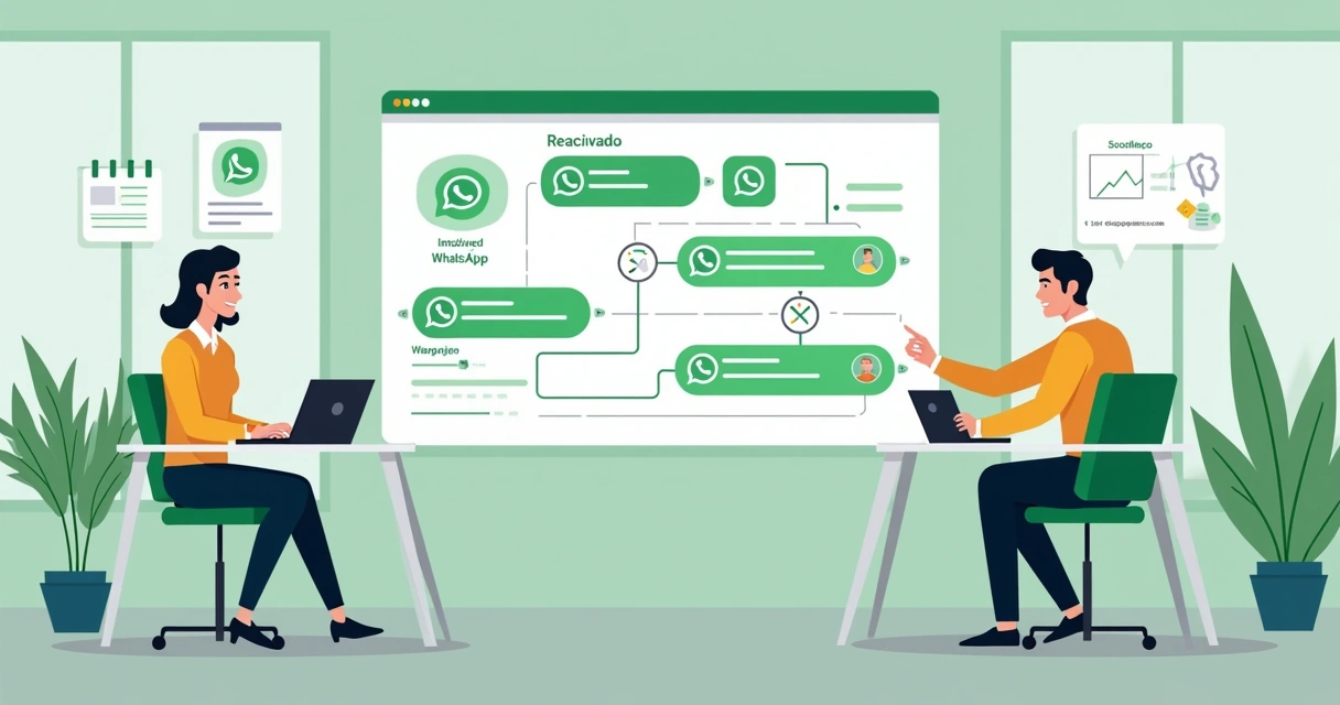 Equipe de marketing analisando fluxos de recuperação de clientes inativos no WhatsApp em painel digital 