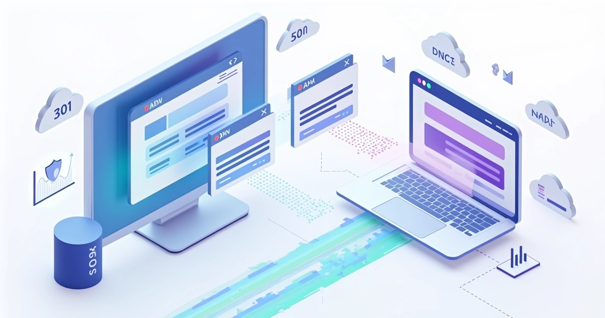 Ilustração mostrando tráfego de visitantes sendo redirecionado entre domínios em um painel digital 