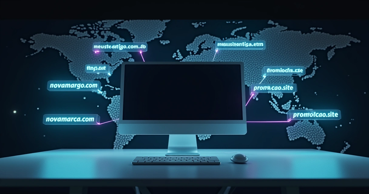 Ilustração de múltiplos domínios sendo redirecionados visualmente para um único site central 