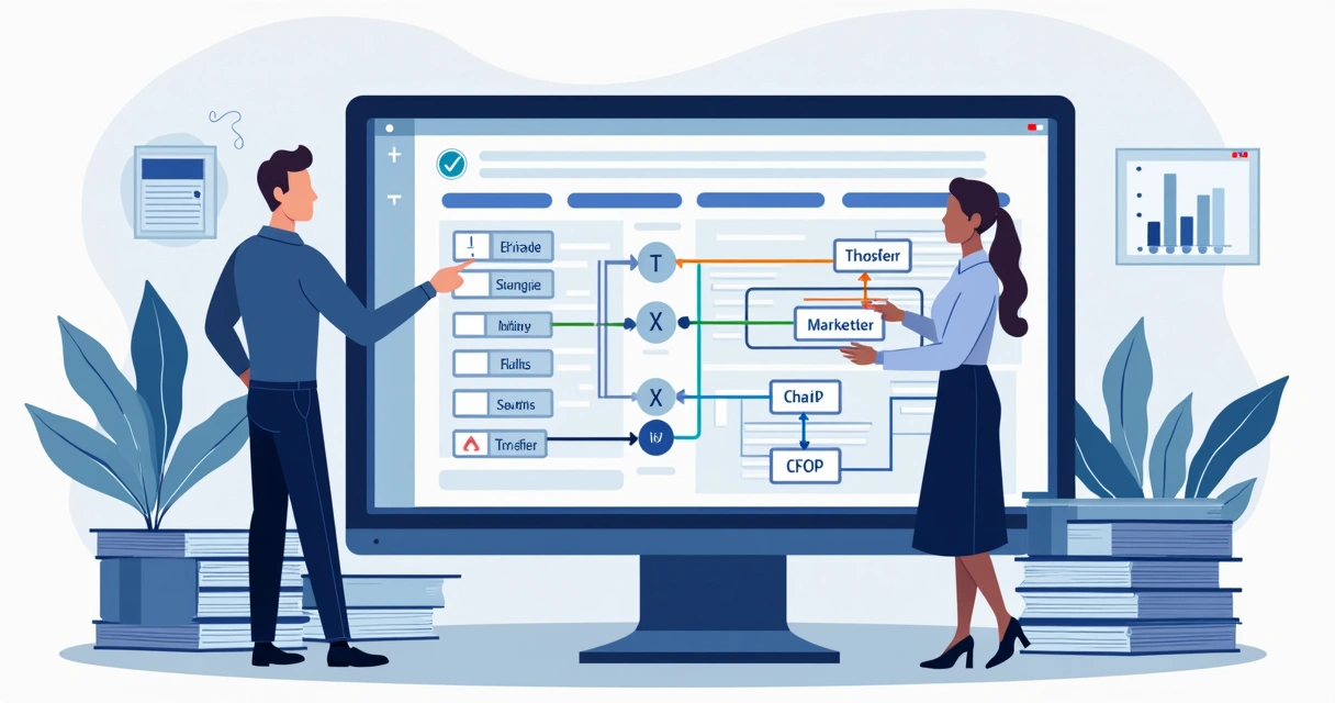 Fluxo visual de regras fiscais sendo configuradas em sistema ERP 