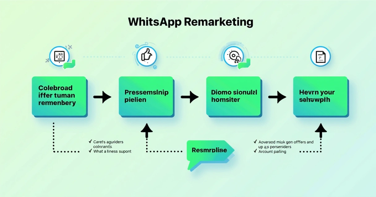 Fluxo de remarketing ilustrado com mensagens e setas no WhatsApp
