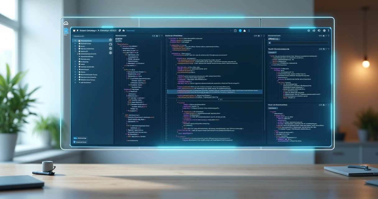 Painel digital mostrando fluxo visual de código e ícones de inteligência artificial em nuvem 