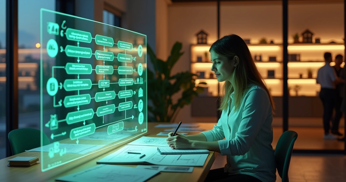 Corretora analisando fluxos automatizados de WhatsApp para imobiliária em painel digital 