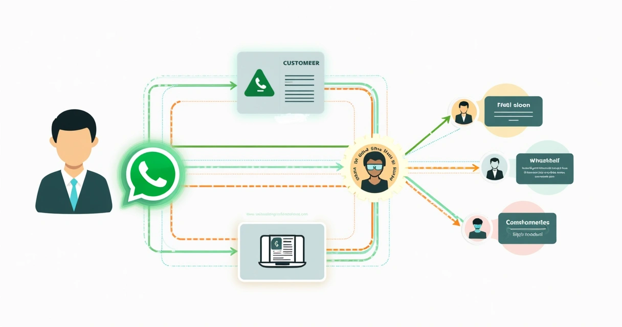 Fluxograma colorido demonstrando roteamento automático de conversas do WhatsApp para corretores diferentes 