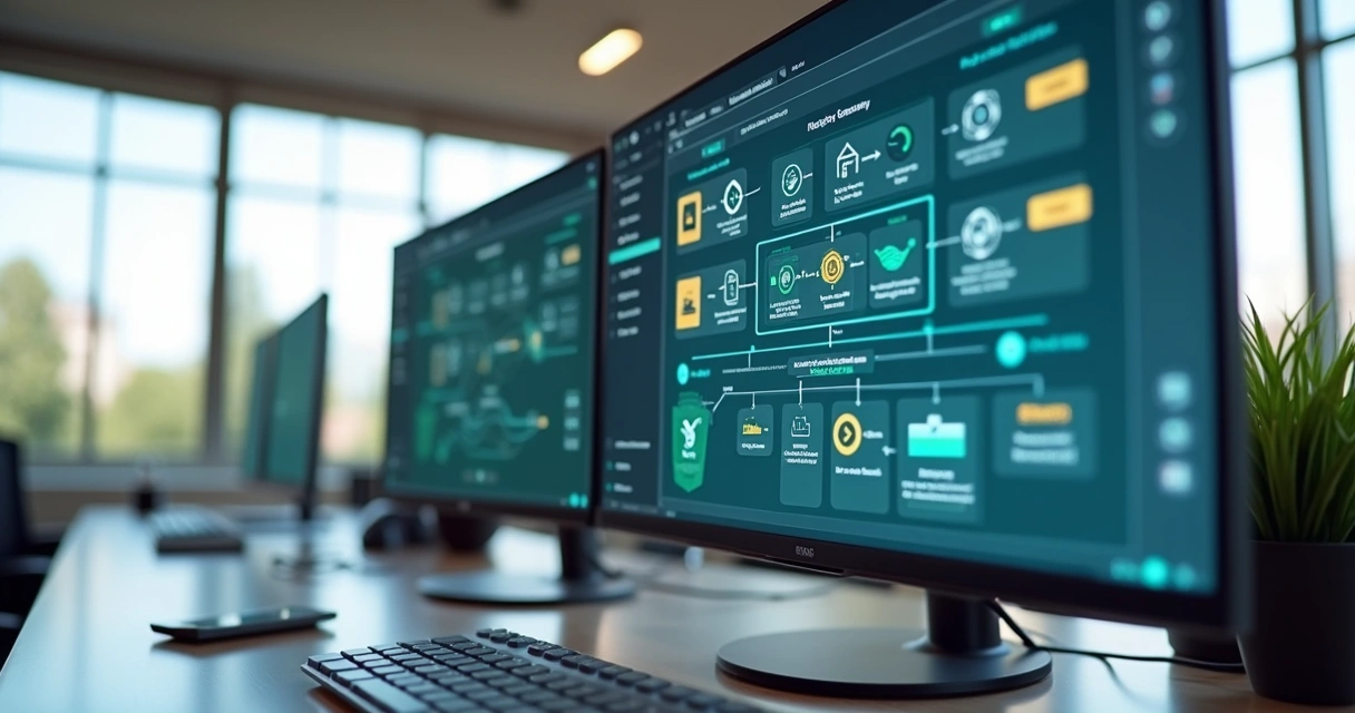 Tela com fluxo de app SaaS e integrações low-code 
