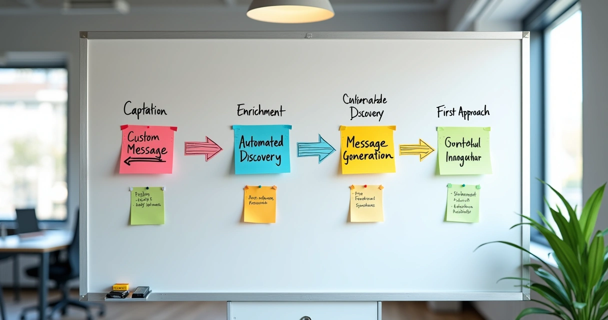 Quadro branco mostrando o fluxo de qualificação e abordagem por IA de leads B2B 