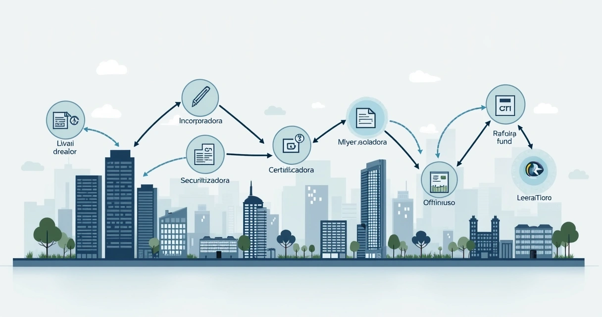 Fluxo simplificado do processo de securitização imobiliária com setas, ícones de empresas e títulos