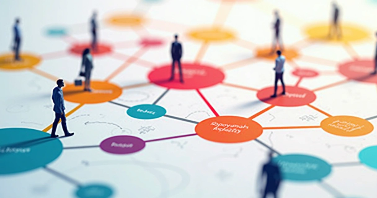 Diagrama visual de fluxo sistêmico organizacional com áreas e conexões coloridas 