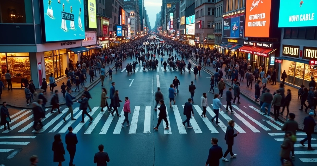 Multidão atravessando avenida com luzes e telas urbanas 
