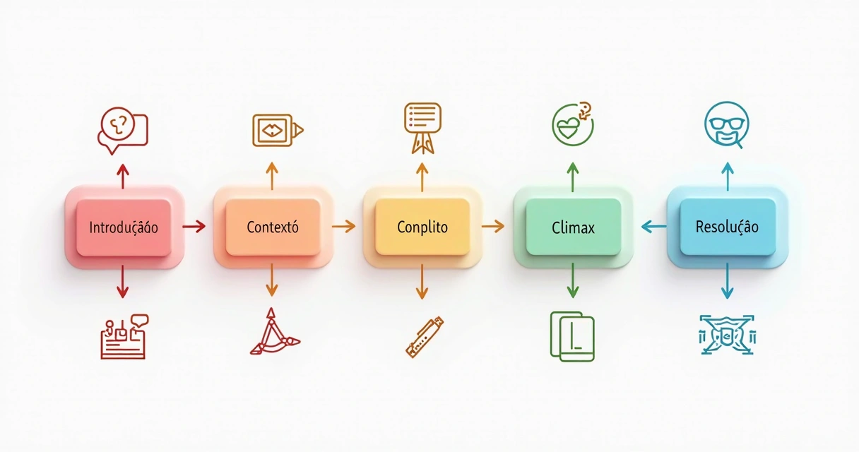 Fluxograma colorido mostrando etapas do storytelling em um painel visual