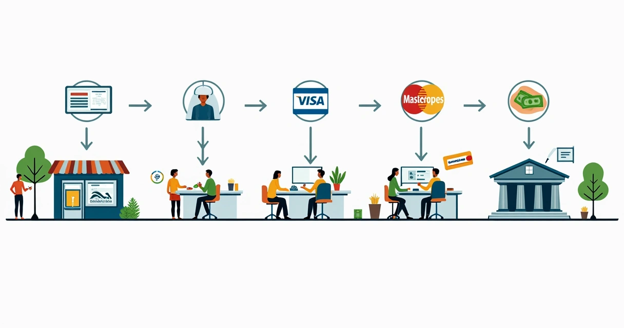 Fluxo de pagamentos mostrando subadquirente, adquirente, bandeiras e estabelecimento 