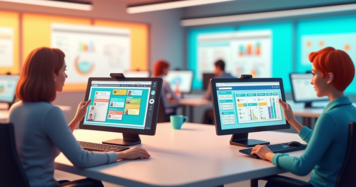 Fluxo de tarefas sendo organizadas entre membros da equipe, cada um representado com uma tarefa em destaque na tela de um computador 