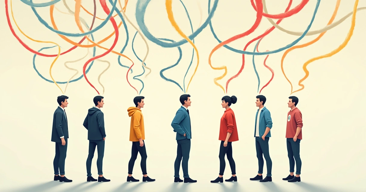 Representação visual de linhas do tempo se entrelaçando entre pessoas em um ambiente neutro