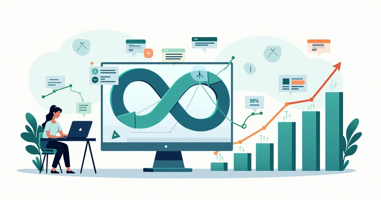 Dashboard de marketing mostrando ciclo contínuo de testes iterativos e crescimento de conversões 