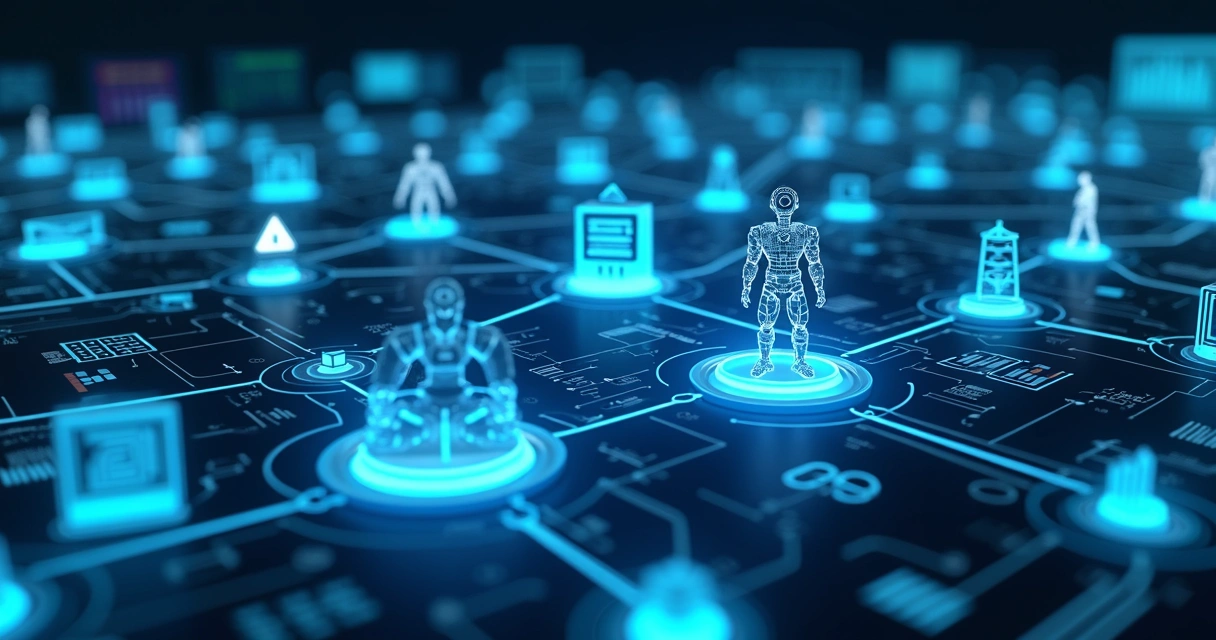 Fluxo de trabalho digital com setas e robôs integrando documentos fiscais 