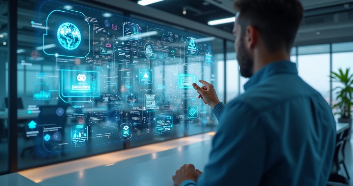 Tela digital mostrando fluxos de trabalho automatizados com gráficos, conexões e ícones tecnológicos 
