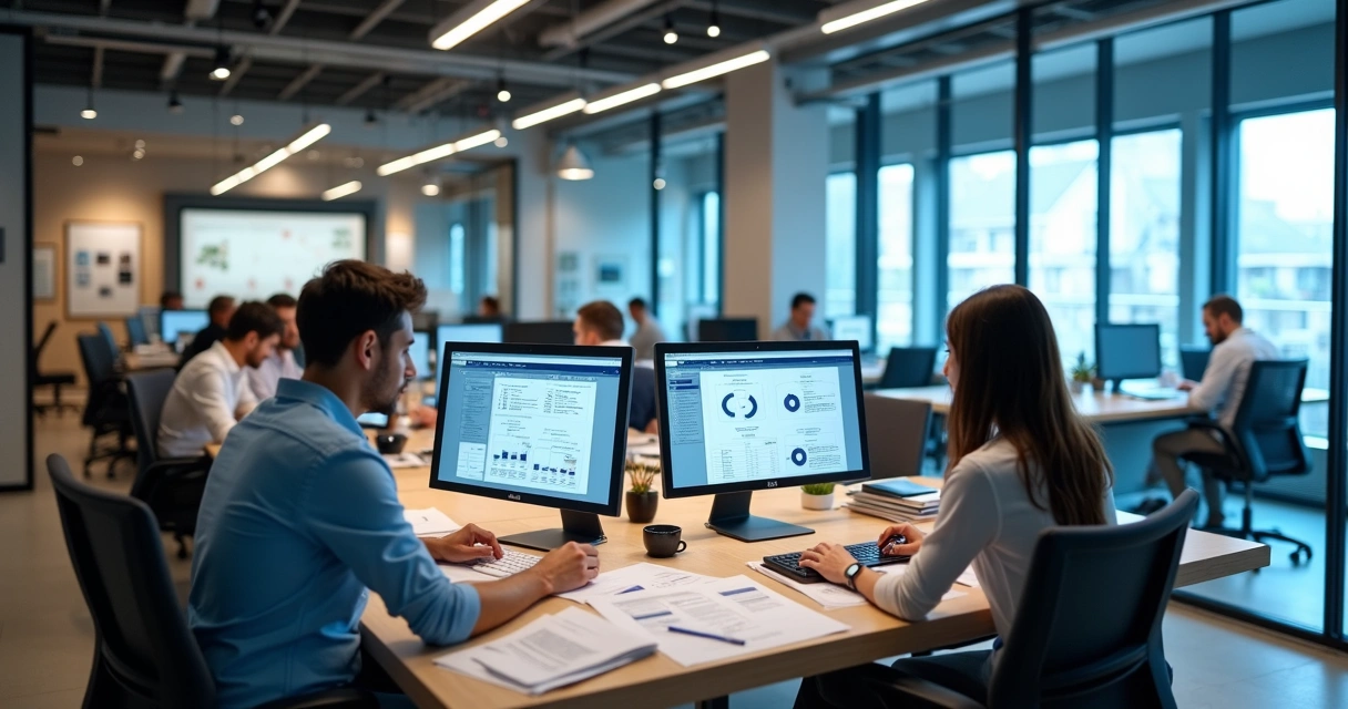 Fluxo de trabalho em escritório contábil com tecnologia e documentos
