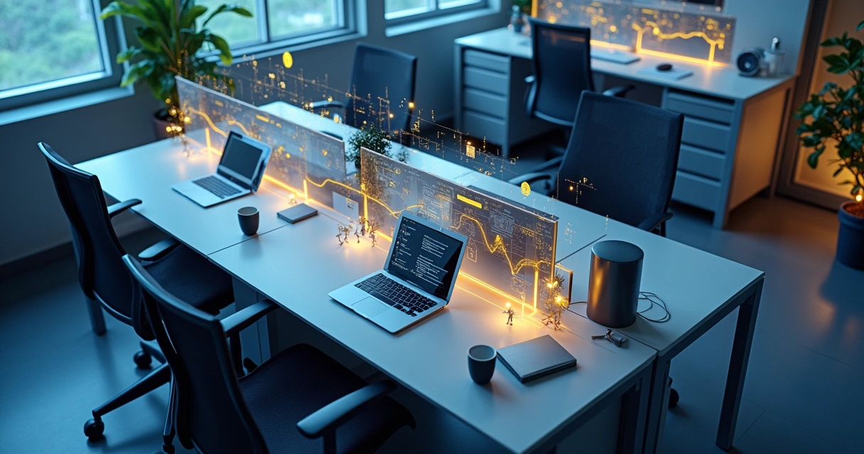 Fluxo digital de trabalho em empresa com ícones modernos. 