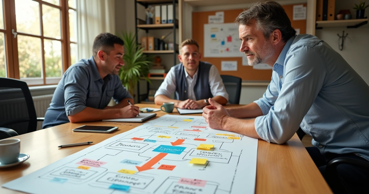 Donos de pequena empresa alinhando fluxo de trabalho sobre mesa com fluxograma impresso 