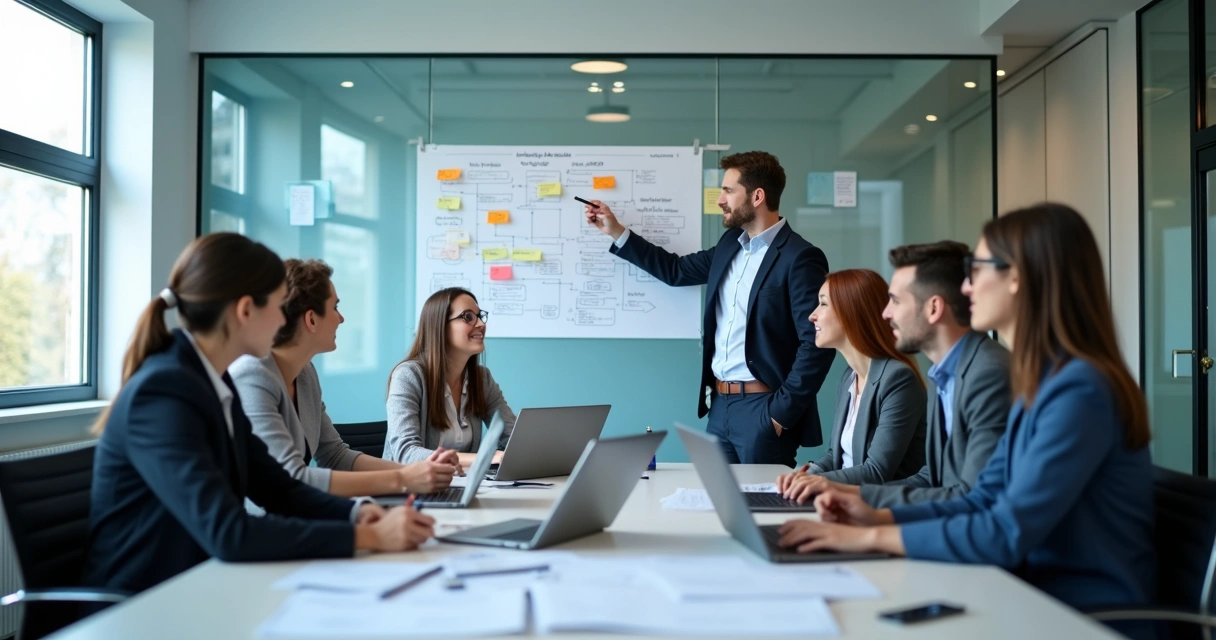 Equipe analisando fluxo de trabalho em escritório 