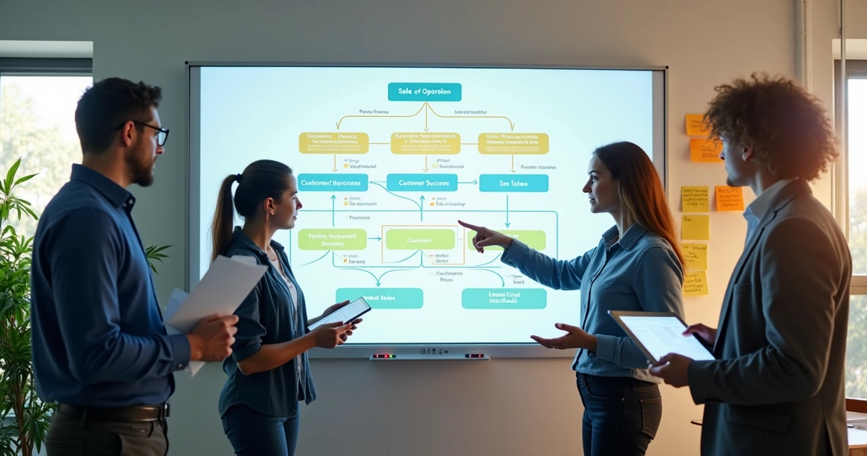 Equipes de diferentes áreas alinhando fluxo de trabalho em quadro eletrônico com setas entre etapas 
