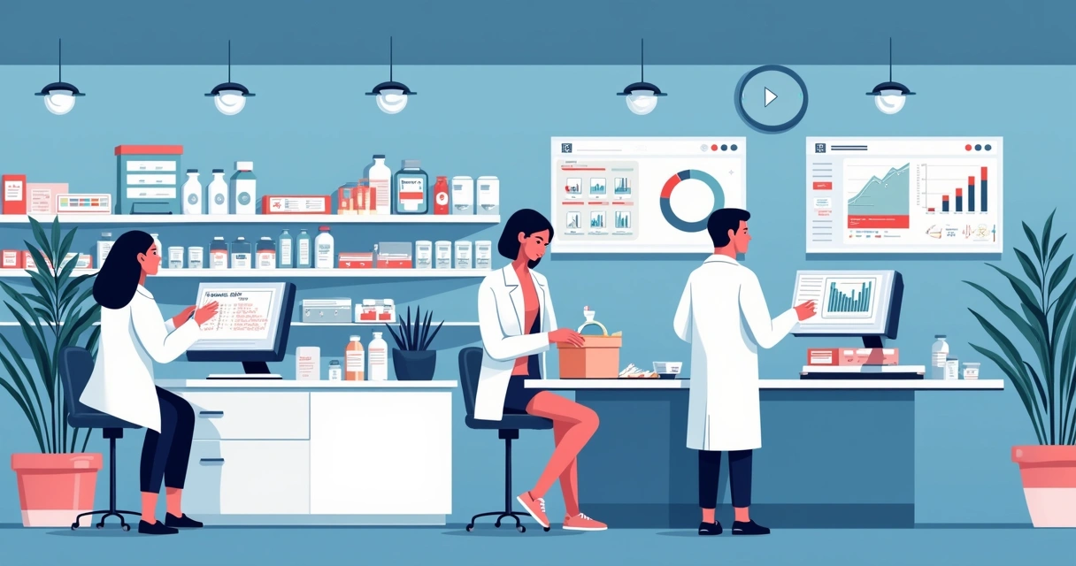 Fluxo digital de atendimento e estoque em farmácia.