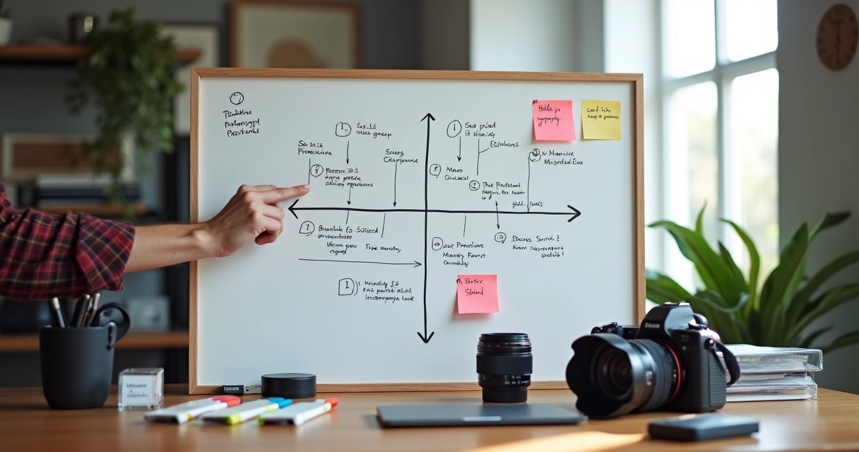 Quadro branco com fluxo de trabalho fotográfico e itens do estúdio 