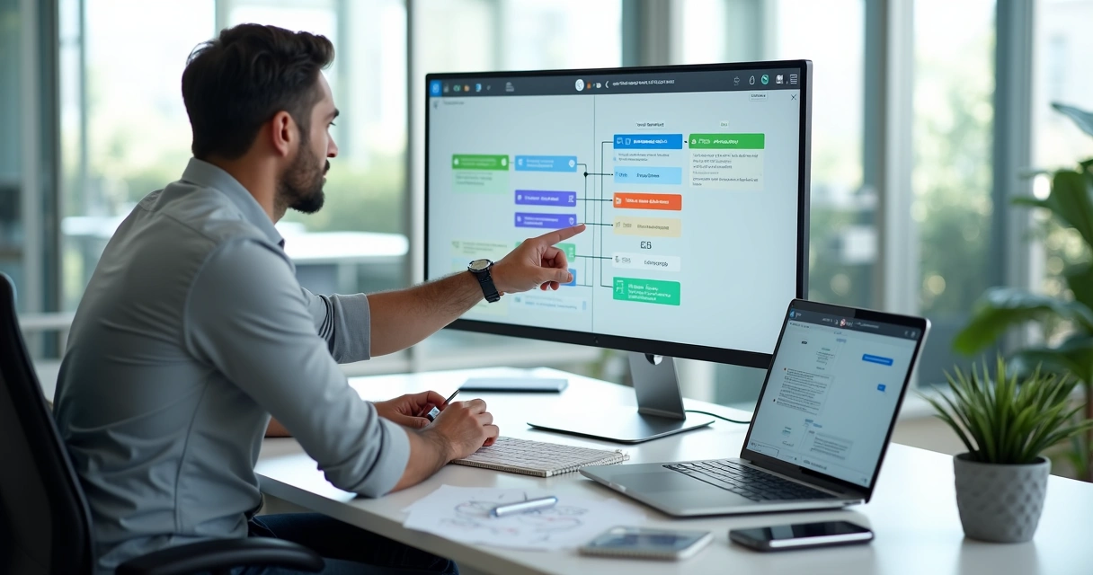 Empresário organizando fluxo de trabalho com automações de IA em tela de computador 