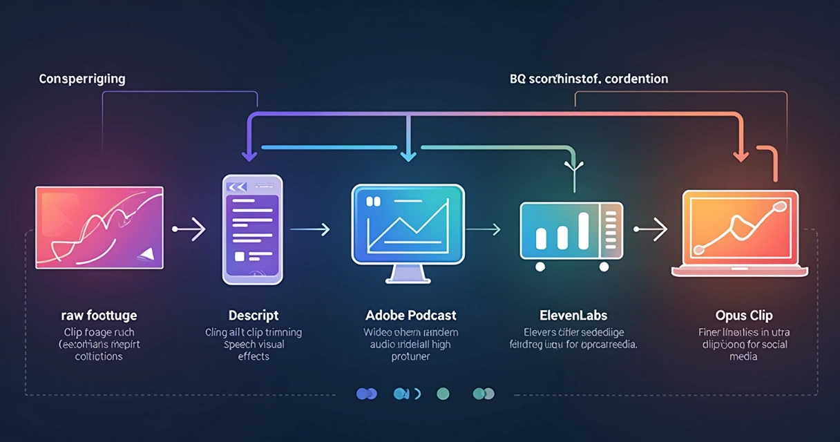 Diagrama de fluxo mostrando ferramentas de IA no processo de edição de vídeo 
