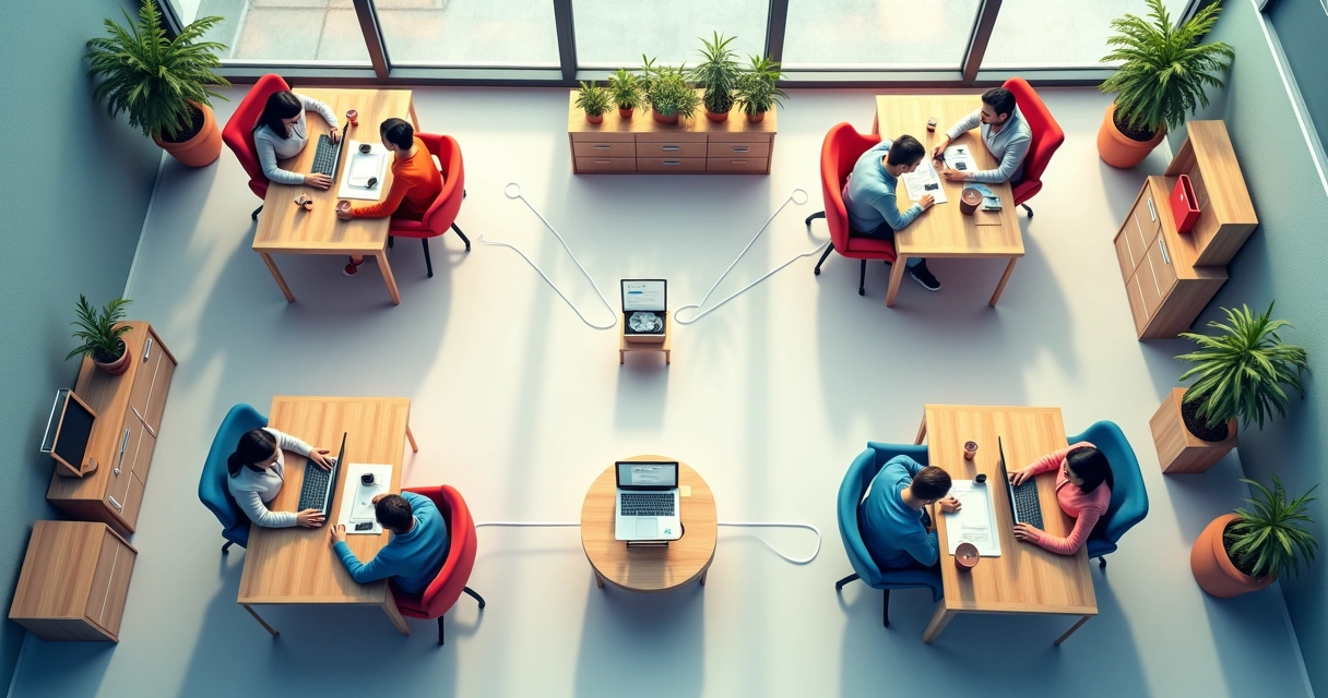 Setores diversos da empresa conectados por linhas claras, mostrando etapas sequenciais e pontos de conexão visual 