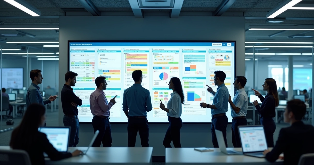 Equipe de TI monitorando quadros Kanban com gráficos e cards coloridos 