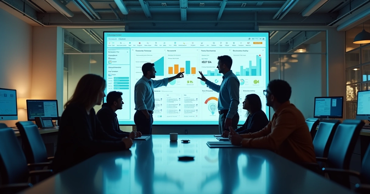 Equipe de TI colaborando em frente a painel digital com fluxo de trabalho ITIL 