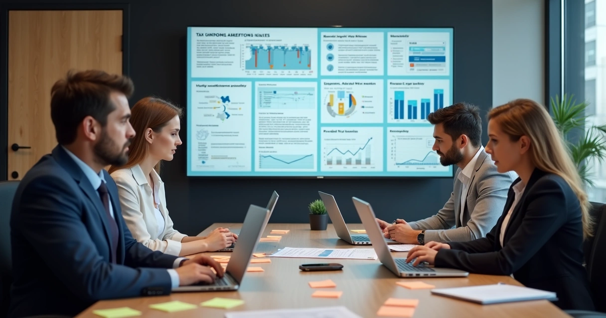 Equipe reunida discutindo rotina tributária digital 