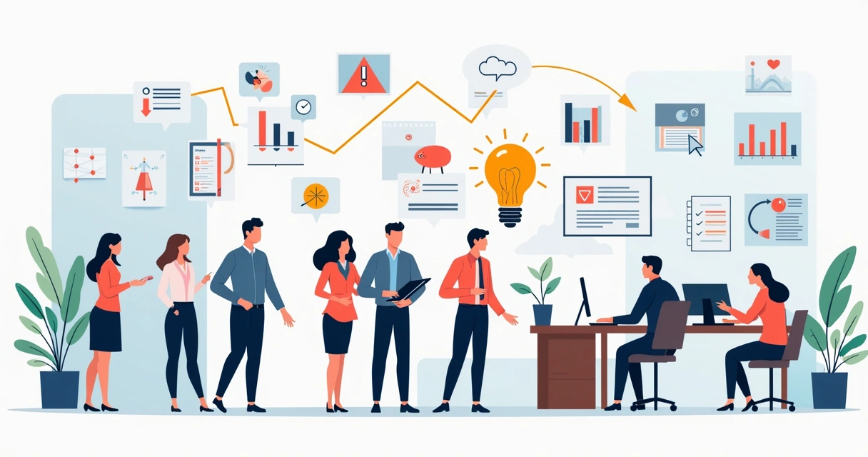 Ilustração plana corporativa de equipe de vendas identificando erros em fluxo de trabalho comercial com gráficos e processos visíveis