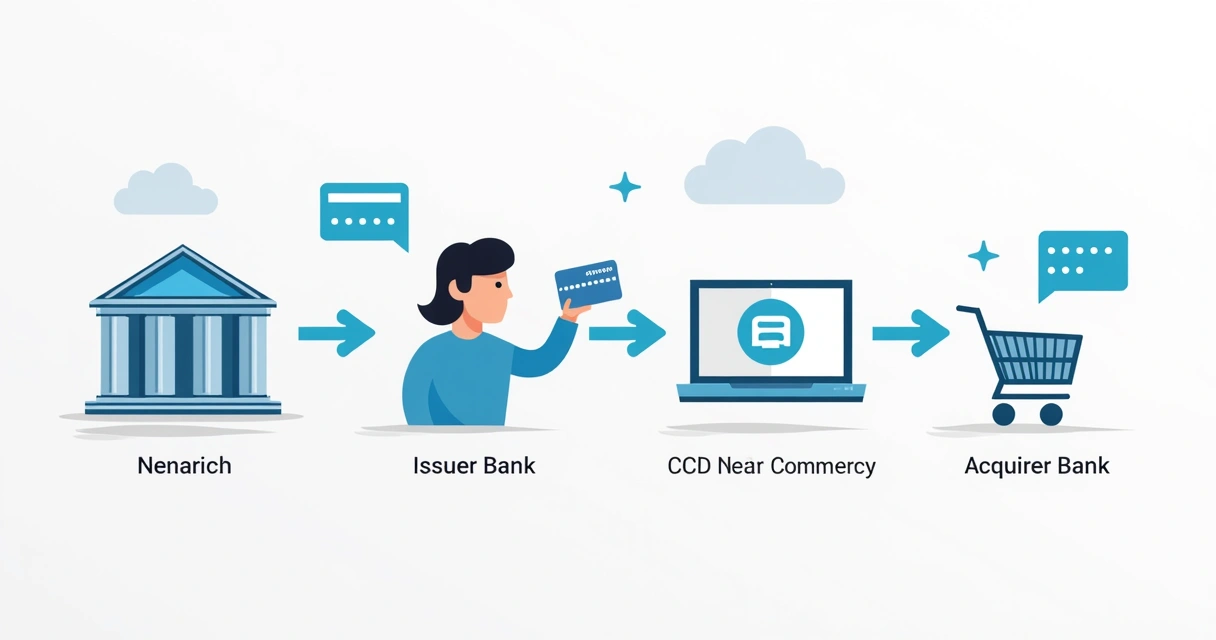Fluxograma colorido ilustrando o caminho de uma transação de cartão passando por bandeira, emissor, e-commerce e adquirente. 
