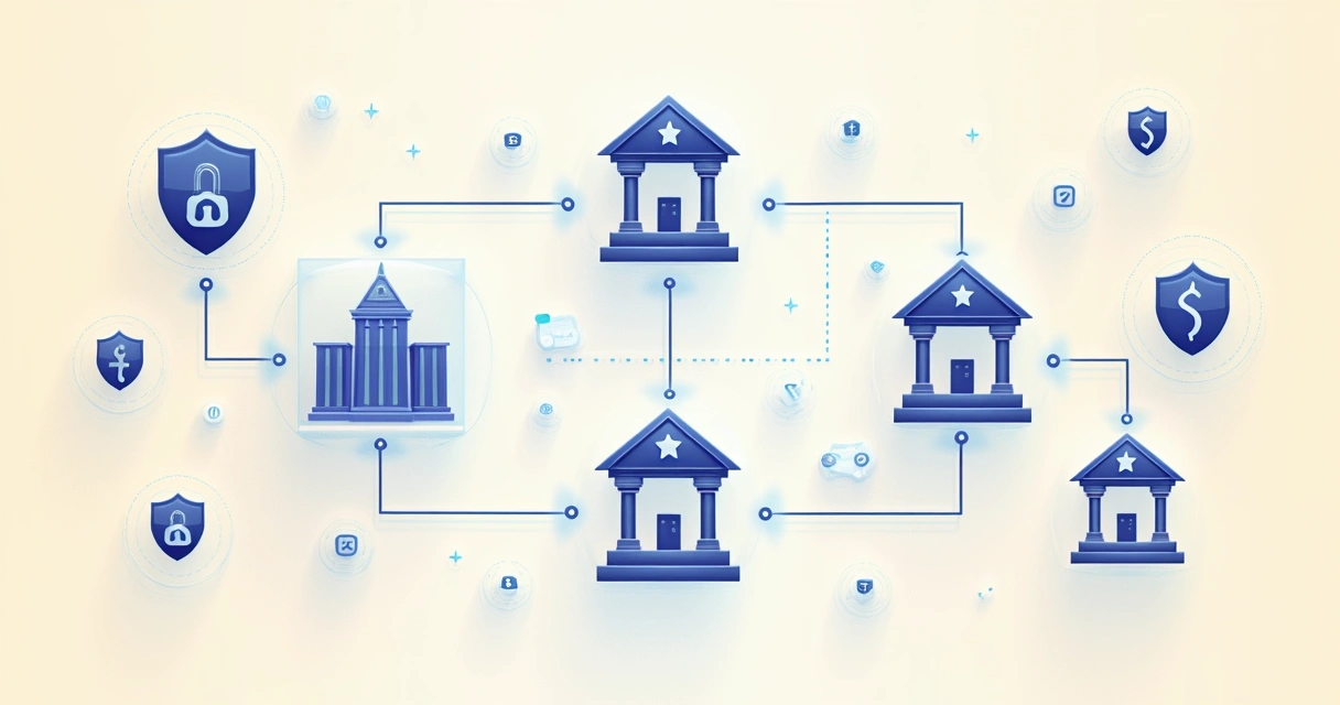 Fluxo digital de transferência de moedas com ícones de bancos e seguranças 