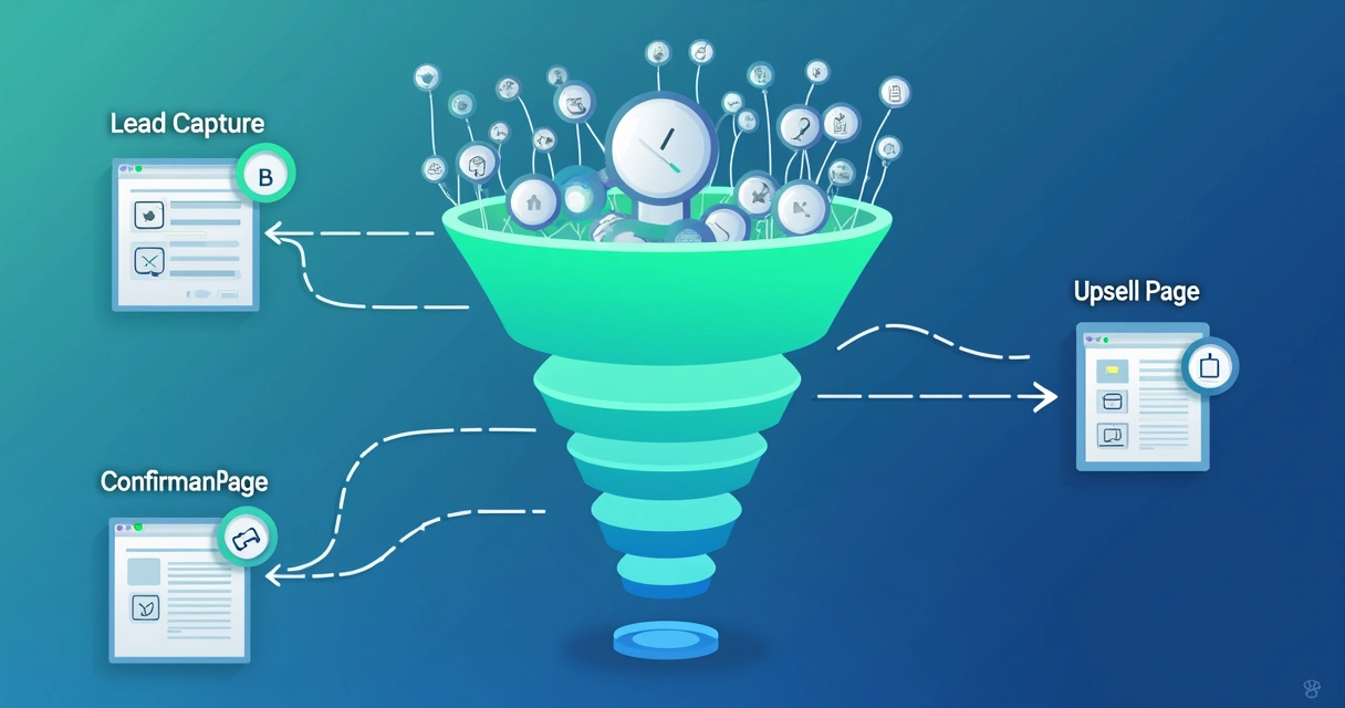 Fluxo de funil de vendas com página de upsell após conversão 