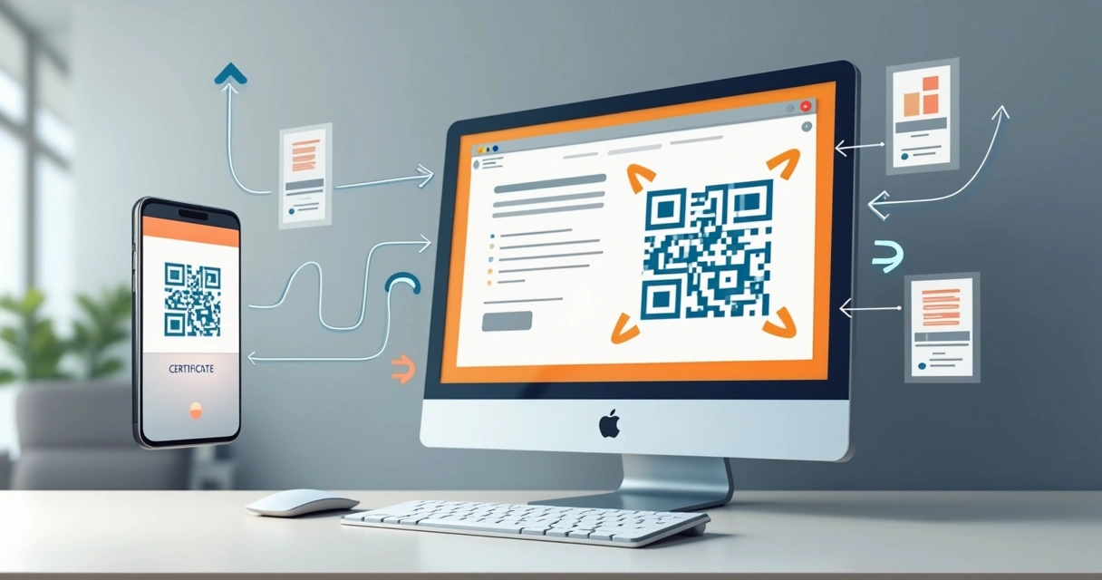 Fluxo digital de validação de certificado por QR code em tela de computador 