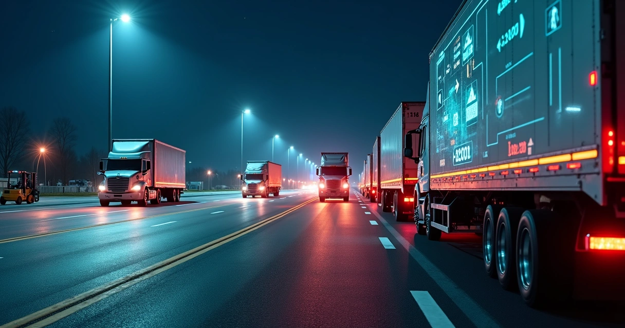 Fluxo organizado de caminhões em pátio logístico à noite com painéis digitais de orientação 