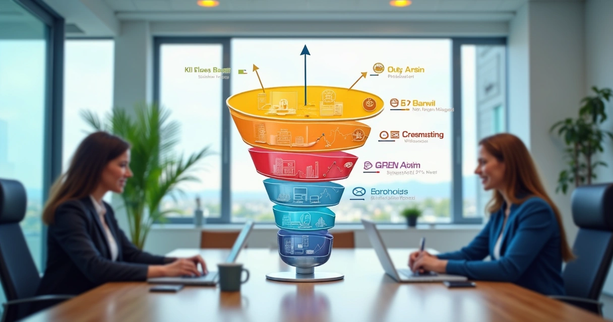 Fluxograma colorido mostrando as etapas do funil de vendas B2B, com ícones representando diferentes fases do processo
