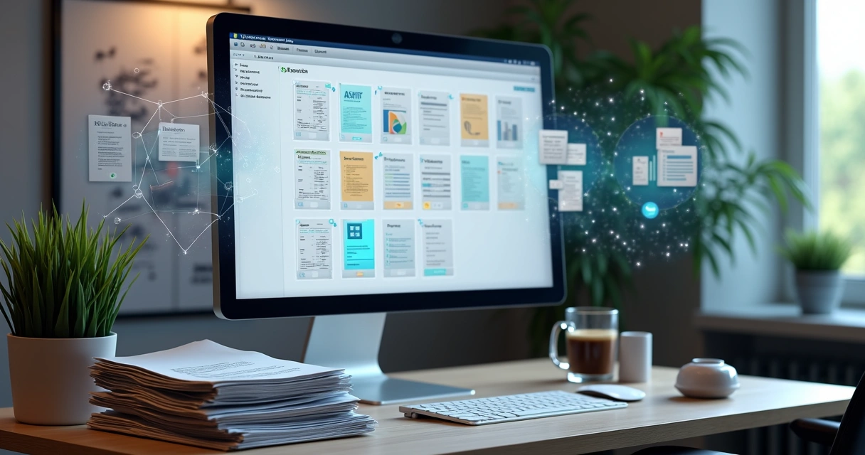 Sistema de contabilidade inteligente analisando pilha de documentos em tela de computador 