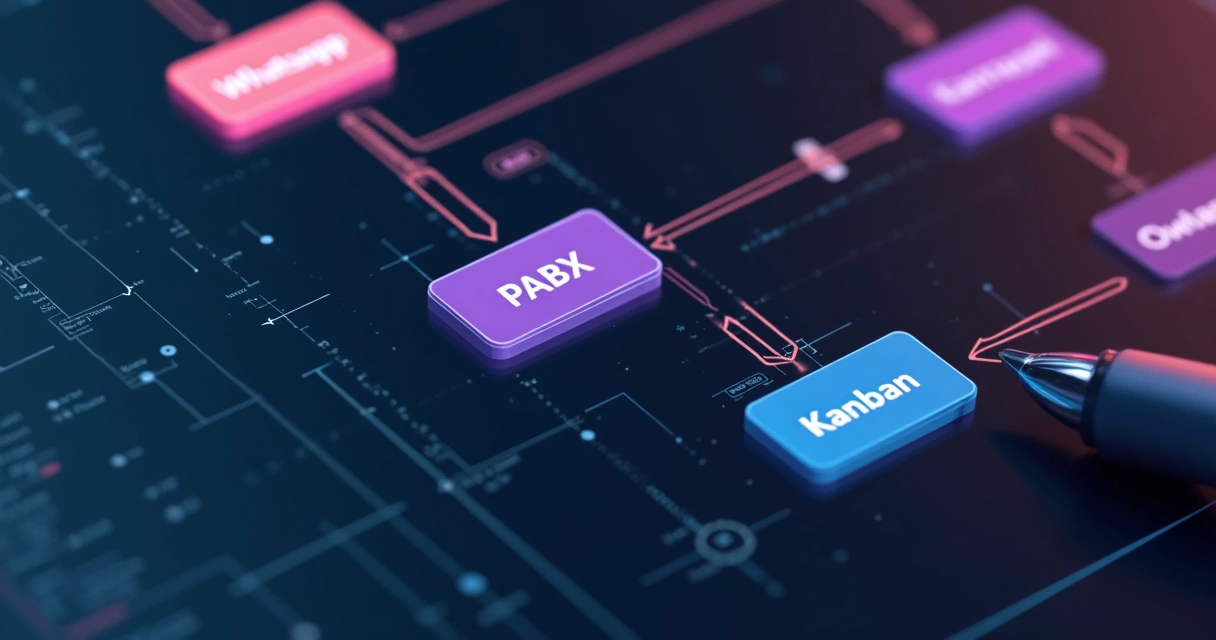 Tela de criação de fluxo visual tipo low-code para atendimento 