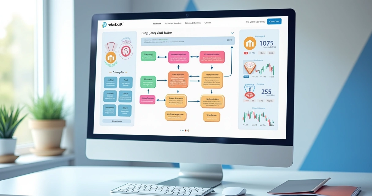 Fluxo visual de automação de trading com blocos arrastáveis 
