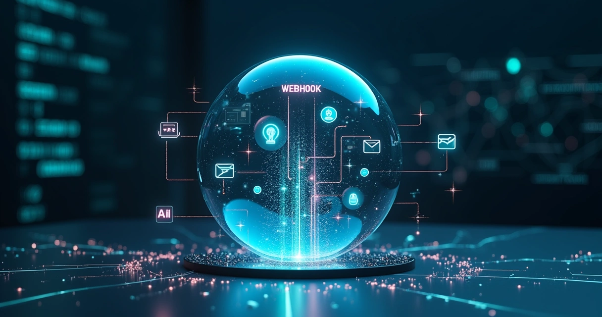 Ilustração de webhooks conectando ícones de comunicação em tempo real 