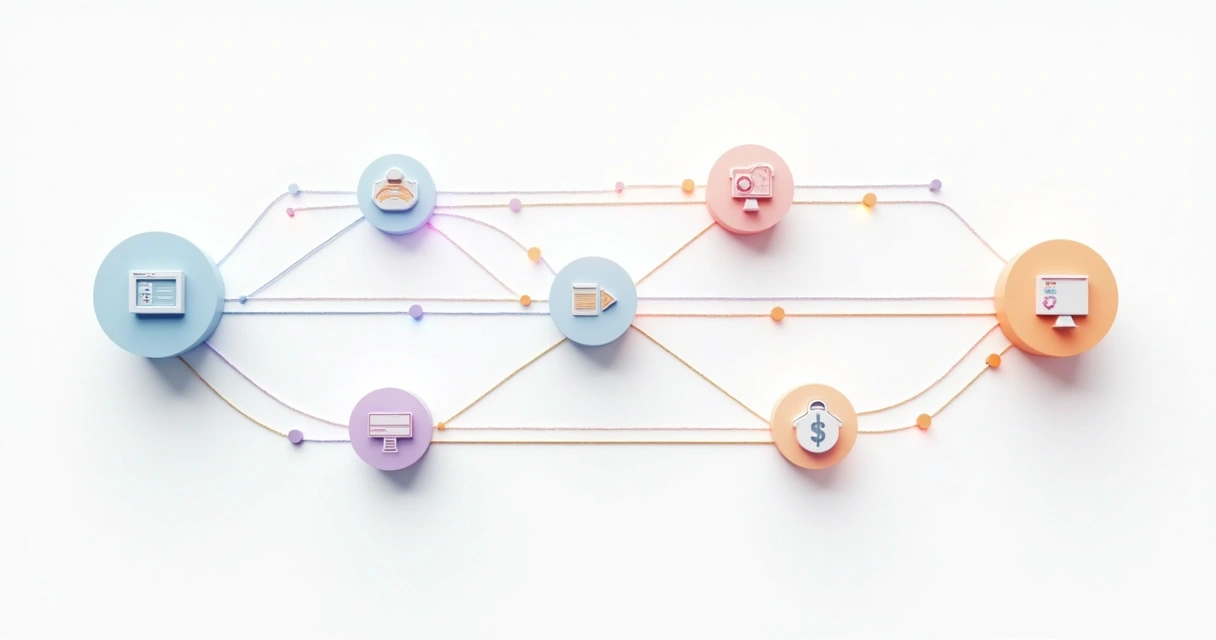 Diagrama de fluxo de trabalho entre sistemas com setas ilustrando comunicação automatizada 