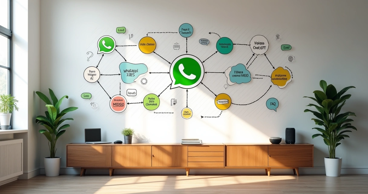 Mural de parede com fluxos de automação ligando ChatGPT ao WhatsApp 
