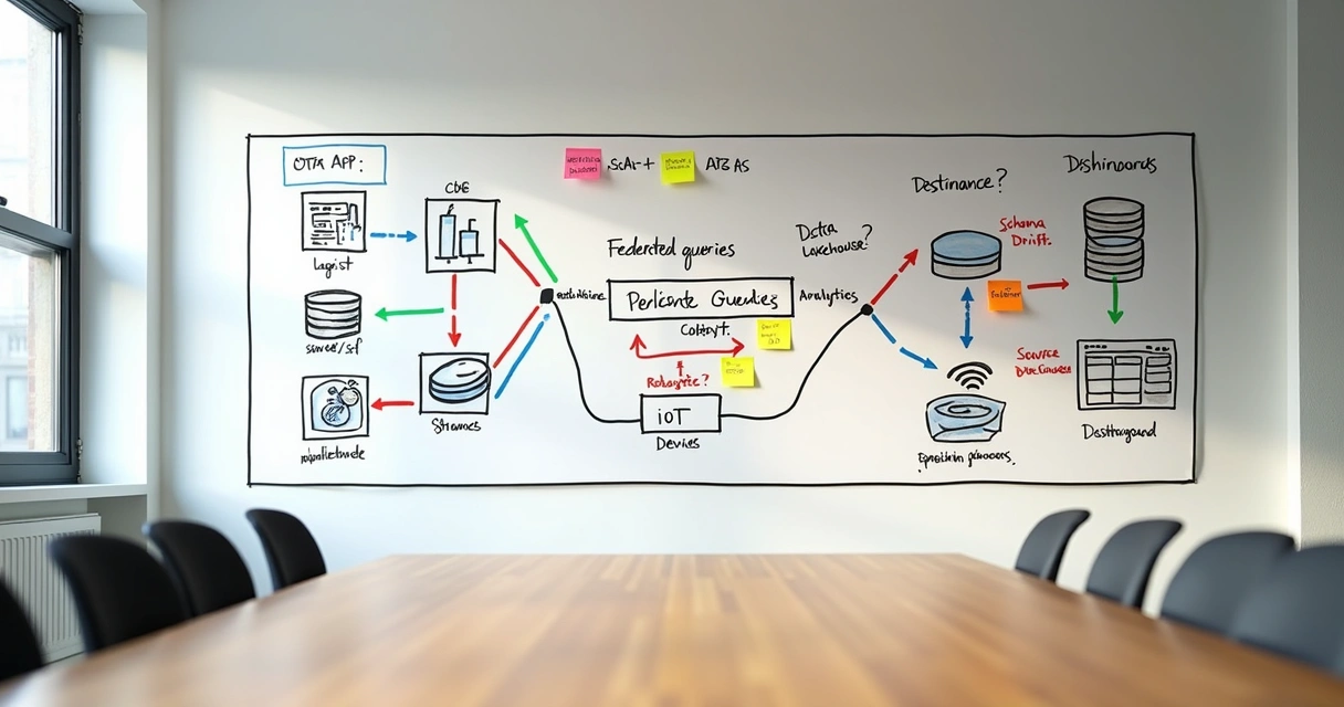 Esboço de arquitetura Zero-ETL em quadro branco 