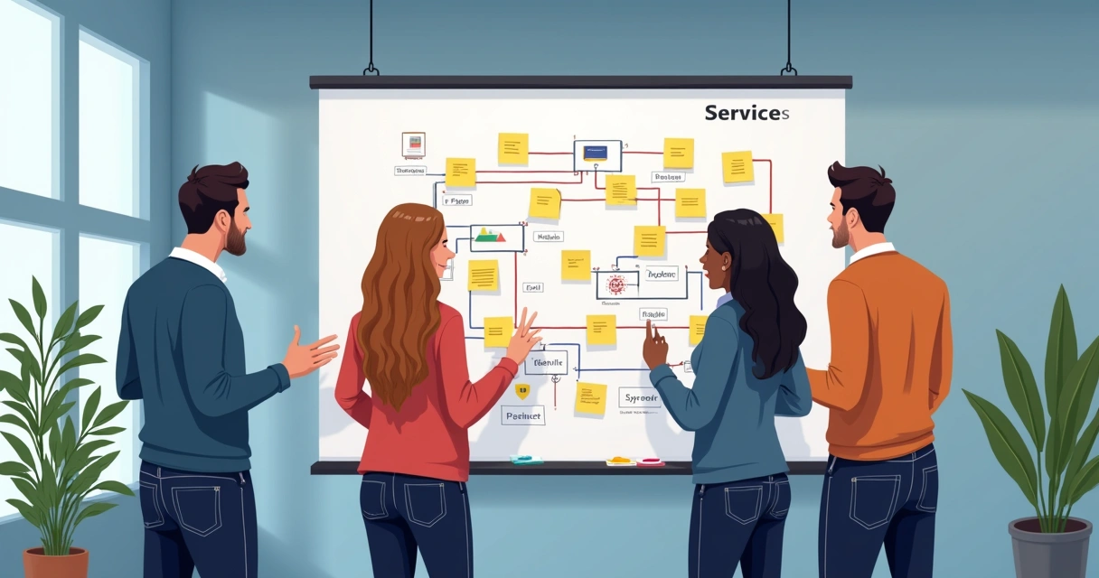 Fluxograma de atendimento empresarial desenhado em quadro branco 
